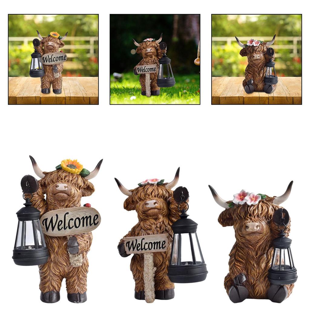 Highland Cow Statue with Solar Lights Resin Figurine Outdoor Garden decor Landscape Lamp for Courtyard Yard Lawn Patio Gifts
