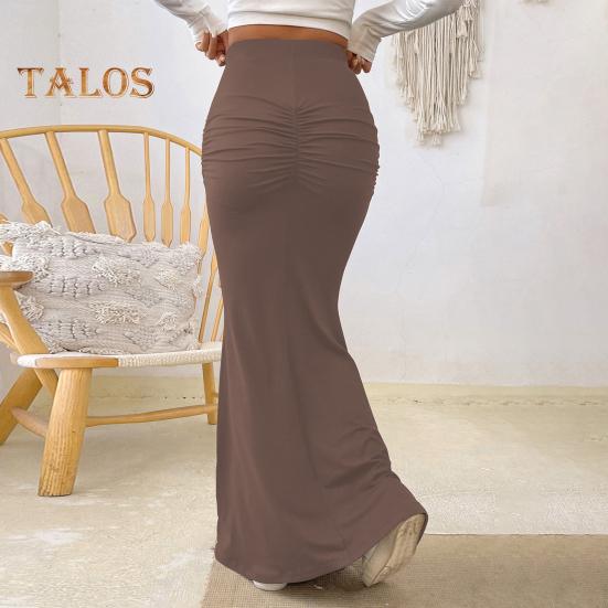 Women Maxi Skirt High Waist Solid Color Fishtail Skirt Slim Fit Hip Lifting Ankle Length Skirt Shirring Design Long Skirt