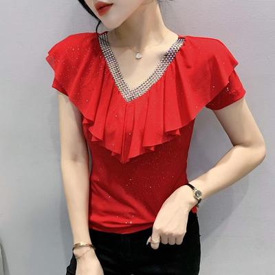 Summer Sequin V Neck Short Sleeved Thin Slim Mesh Trolley Cut Hollow Off Shoulder T Shirt