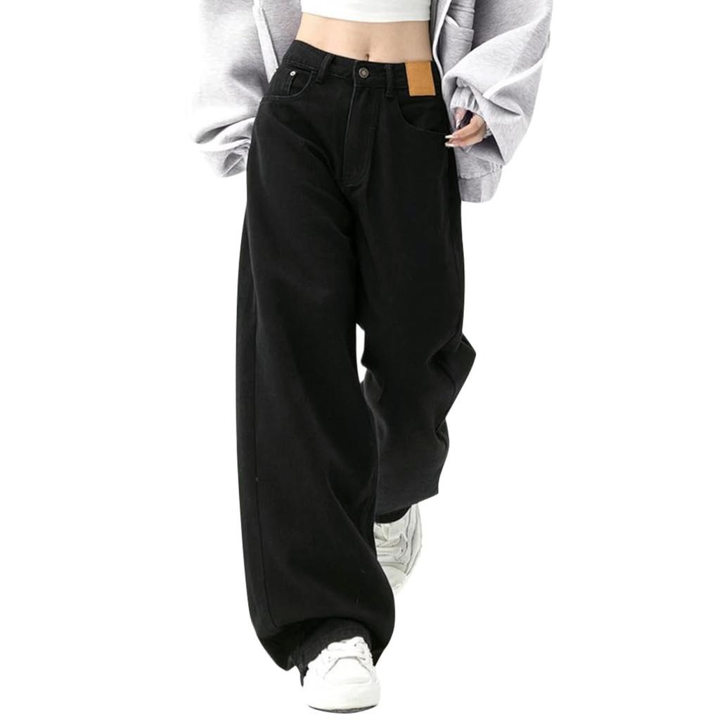 American Retro Black Fall And Winter Straight Casual Jeans For Women, Design, Loose High Waist, Slimming Wide Leg Trousers Trendy