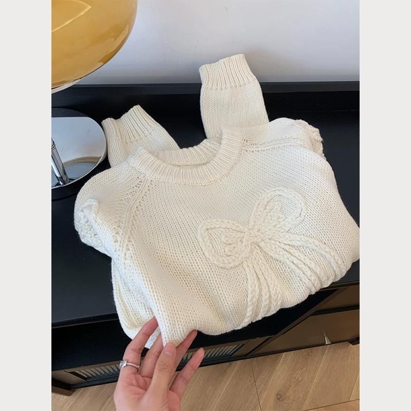 

Sweet handmade bow short crew neck sweater women s autumn and winter heavy industry thick needle versatile pullover knitted top one size fits all