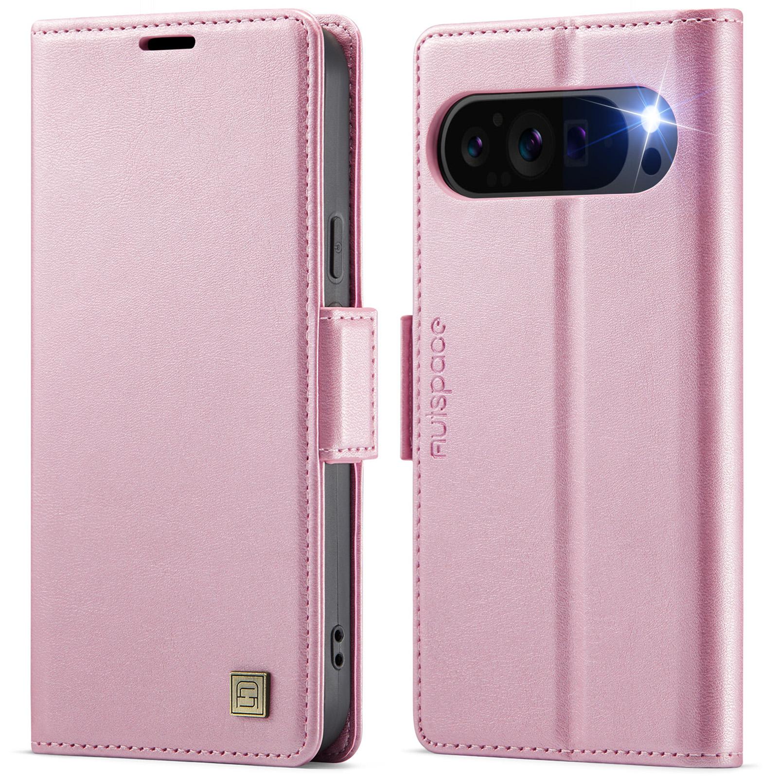

For Google Pixel 9 Pro XL Case AUTSPACE A11 RFID Blocking Retro Leather Cell Phone Wallet Cover Pink