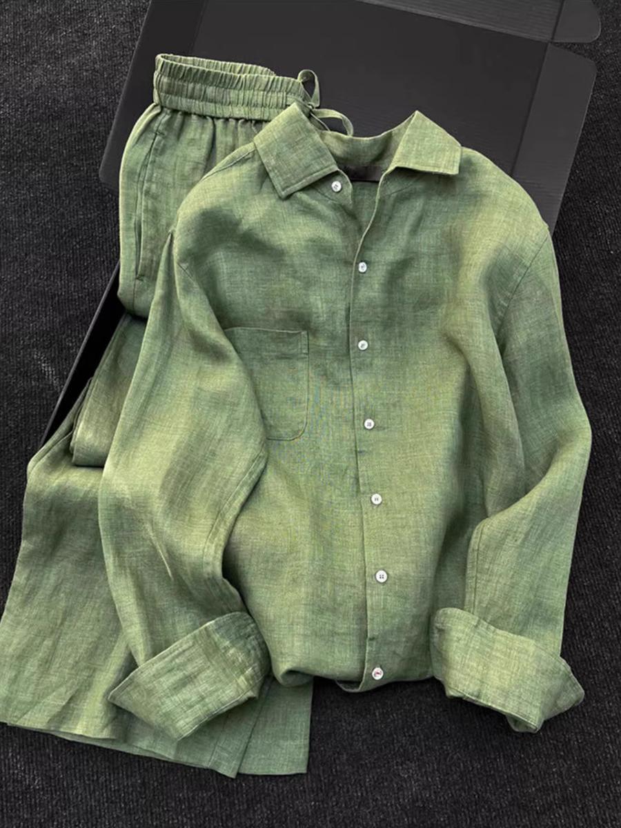 

Unique Gorgeous Linen Set Spring New Women s High-End Green Cotton Linen Shirt Wide Leg Pants Two Piece Outfit XL зелений
