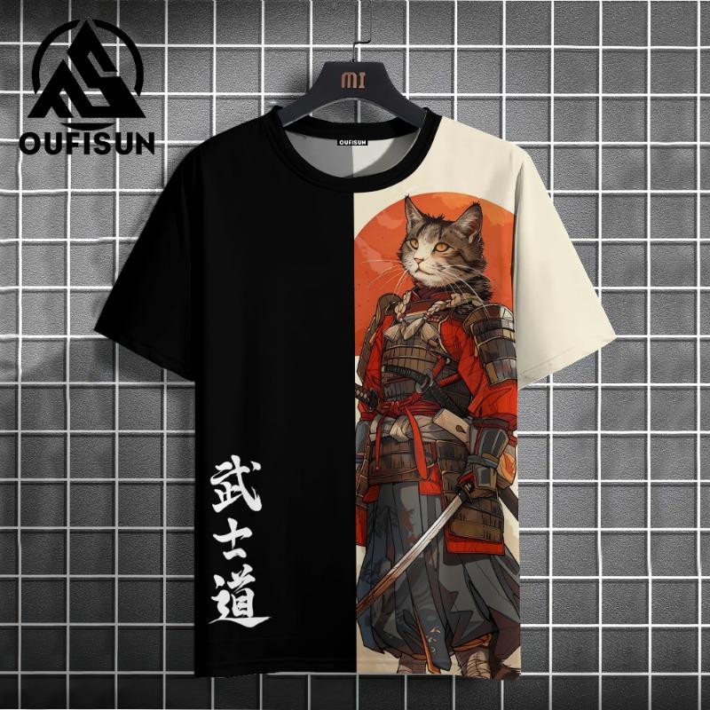 Men's T-Shirt Cartoon Cat Graphic Japanese Samurai Print Casual Pullover For Men Top Loose Short Sleeve Tees Men's Clothing Tops