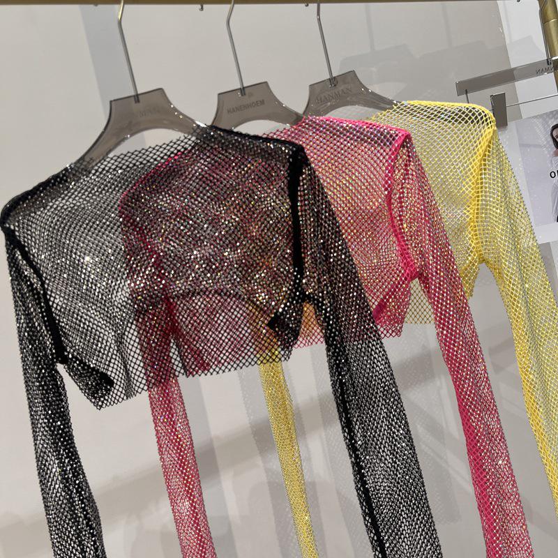 Sparkling Mesh Diamond Sun Protection Long Sleeve Party Top
