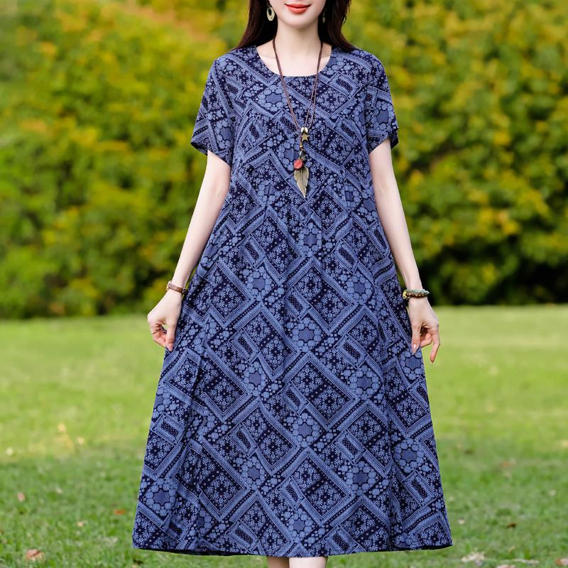 Plus Size Elegant Women's Summer Dress Vintage Clothes Short Sleeve Loose Long Dresses
