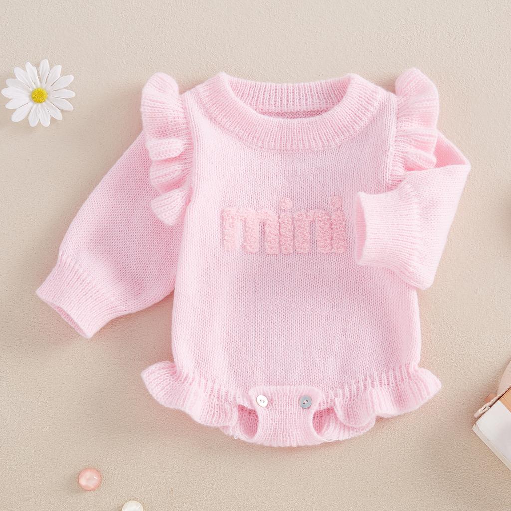 Baby Girls Knit Sweater Romper Long Flying Sleeve O Neck Letter Embroidery Romper