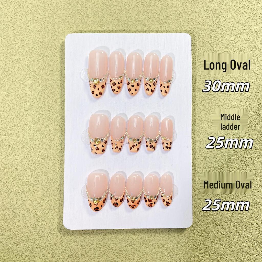 Handmade Nude Pink Leopard Print Rhinestone Nail Tips - Light Luxury, Eye-Catching & Shiny Manicure