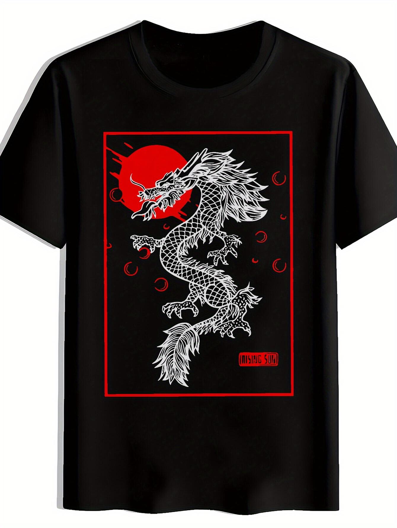 Japanese Dragon Graphic T-shirt - Black Tee with Red Background XXL