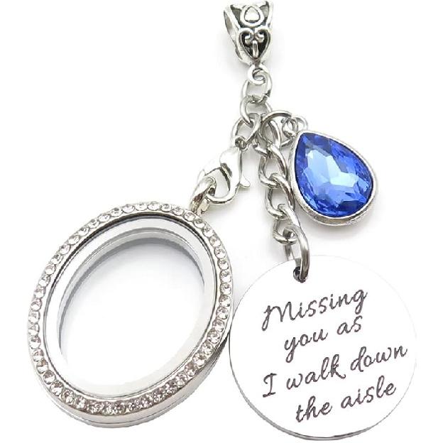 IDLAN Wedding Bouquet Locket Charm Rhinestone Photo Charm Memorial Bridal Bouquet Charm Memorial Photo Keepsake Something blue