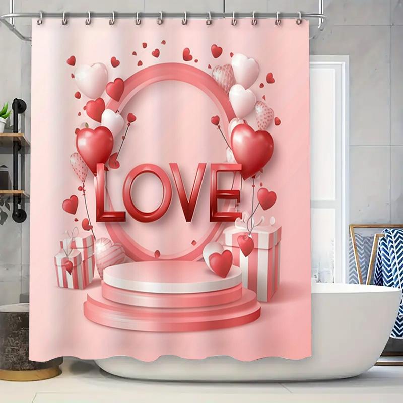 

Pink Red Heart Balloon Shower Curtain Romantic Decor Bathroom Accessories Gift For Valentine S Day Decoration W60H190(CM)-1 Pcs