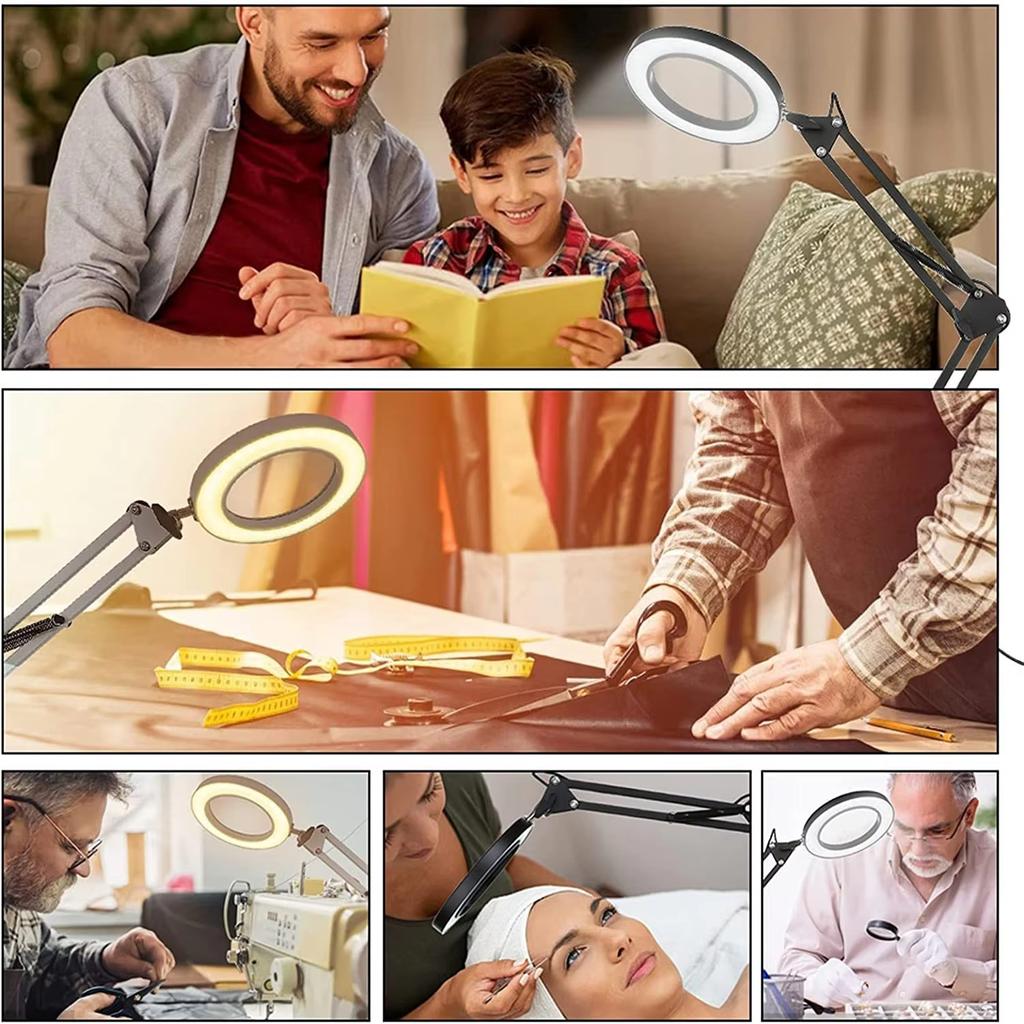 8X Magnifying Glass with Light, 3 Color Dimming, Glass Lens LED Lighted Magnifier, Adjustable Swing Arm with Clamp Desk Lamp
