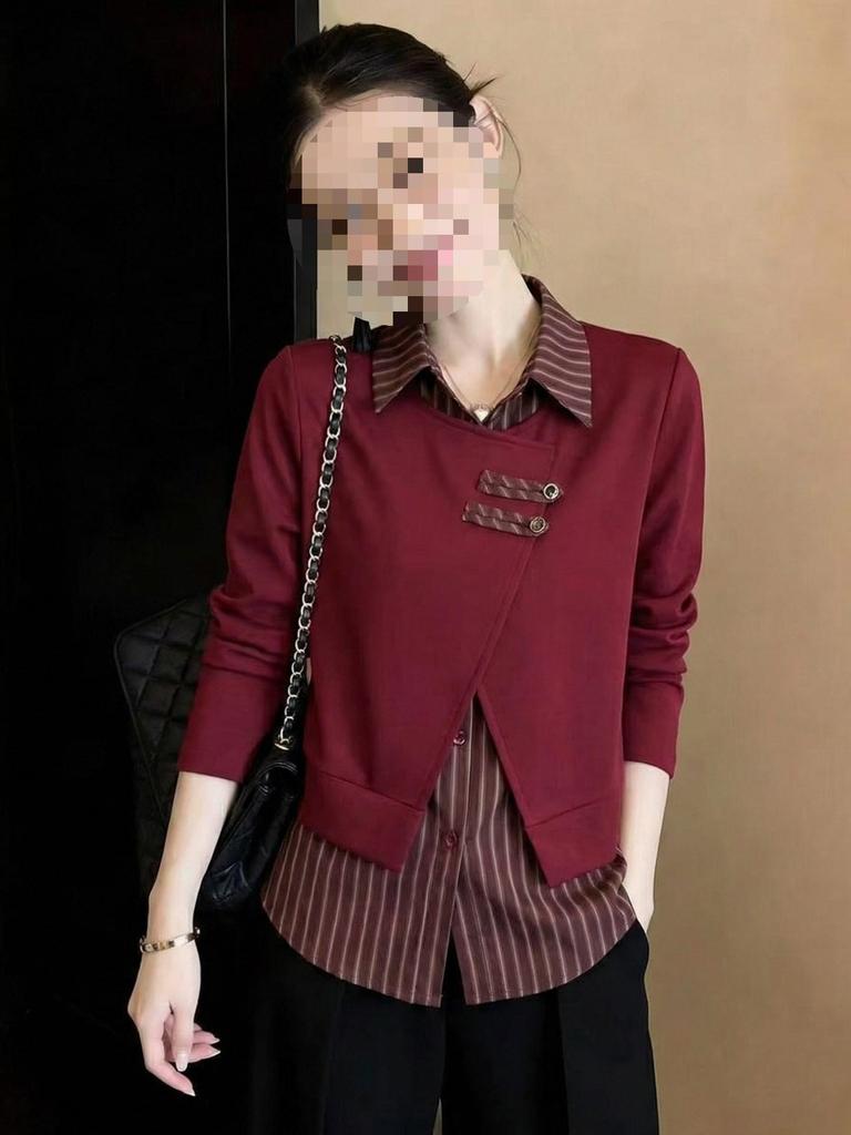 Women's Long Sleeve Striped Patchwork Shirt: Fake Two-Piece, Loose, Flaw-Covering, Slimming, Stylish, Versatile Spring Top