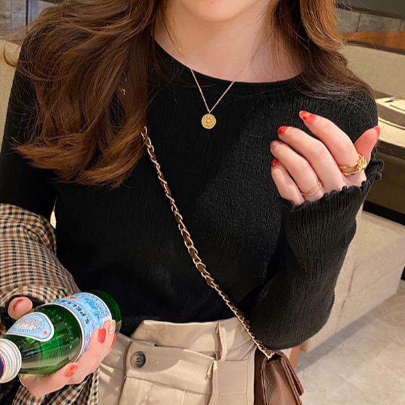 Women's Slim-Fit Ruffle Long Sleeve Knit Top for Spring and Autumn
