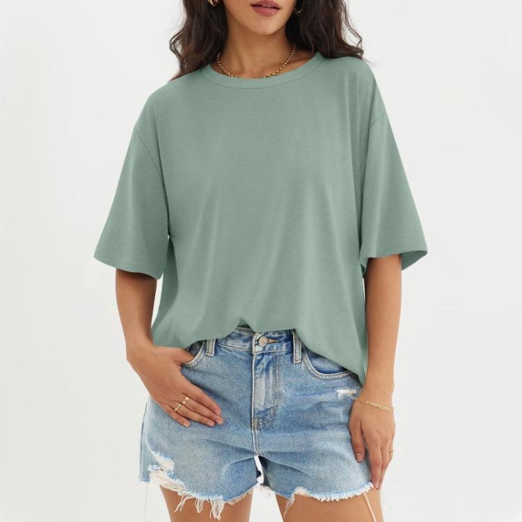 Solid Color Round Neck Top Women Casual Three Half Sleeve Fashionable