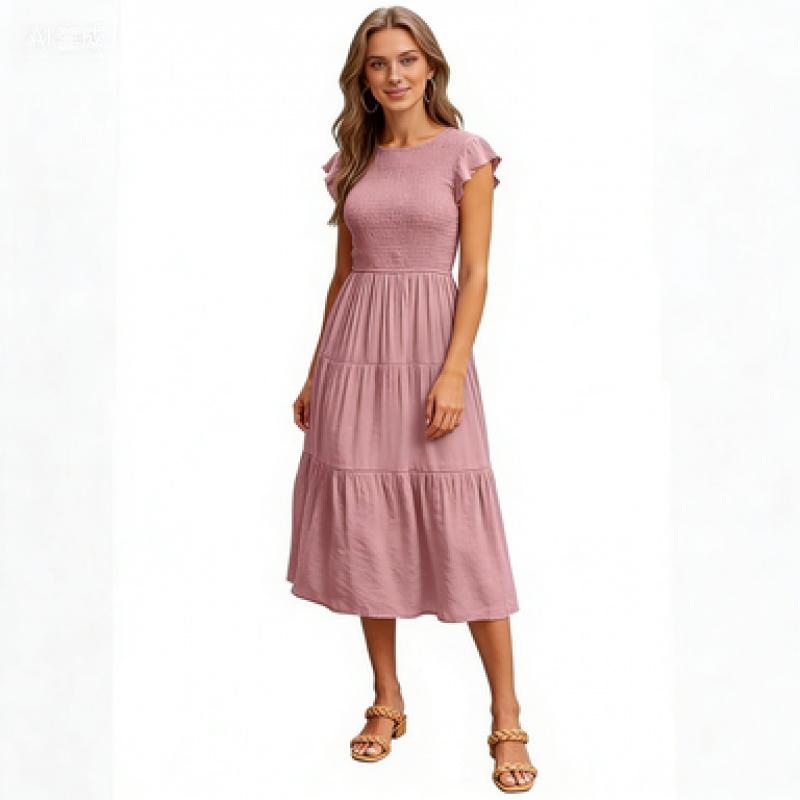 Women's Flying Sleeve Pleated Layered Short Sleeve Large-Swing Dress