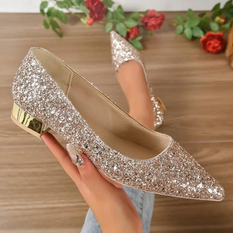 Damen-Flatschuhe Niedriger Absatz Flacher Ausschnitt Pailletten Frühling und Herbst Flatschuhe für Damen