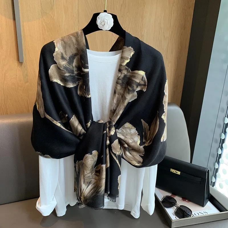 

Winter Floral Ink Painting Scarf Petal Fringe Viscose Soft Cotton Shawls 180X90Cm For Women Travel Casual Muslim Hijab