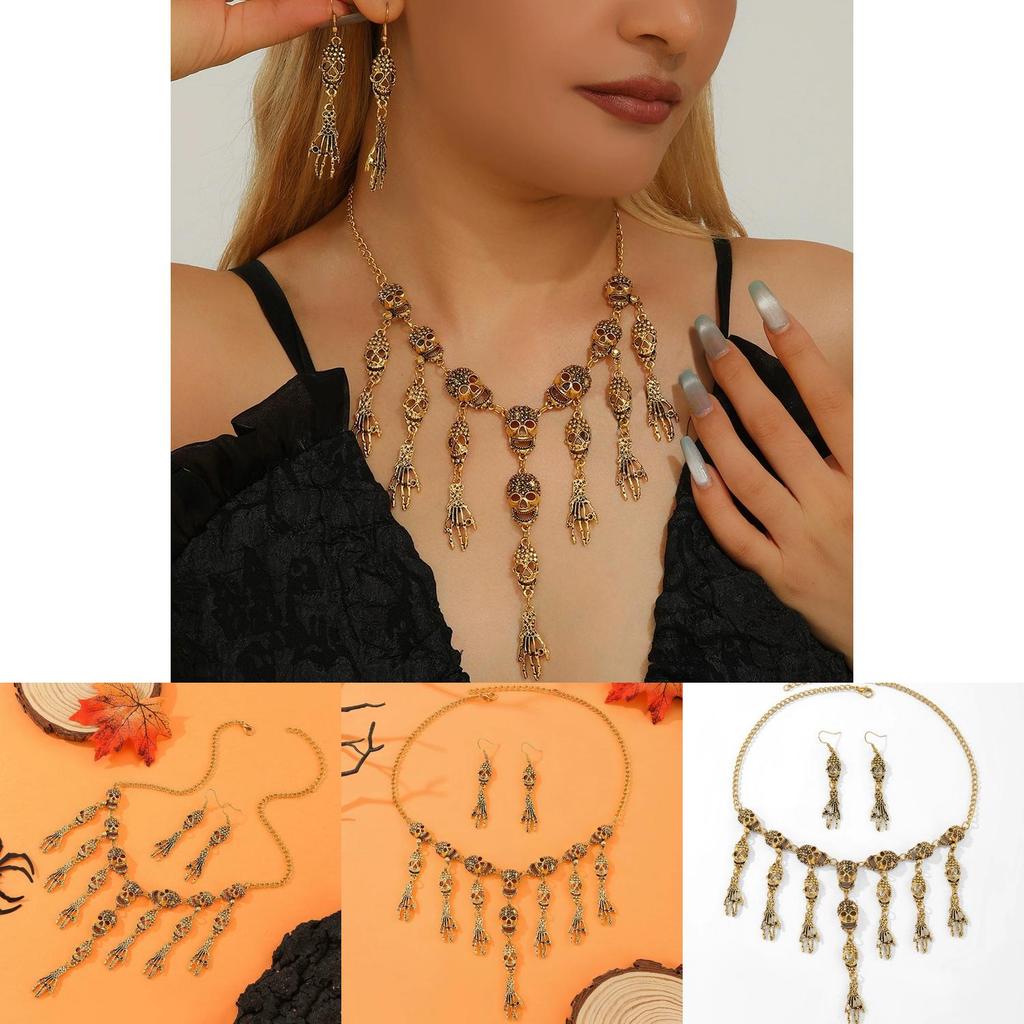 Halloween Skeleton Pendant Necklace And Earrings With Geometric Design For Women