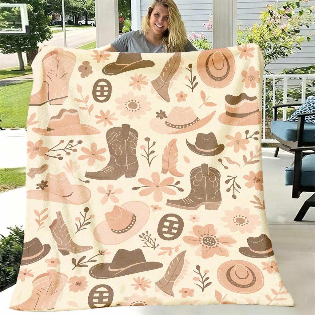 Western Cowboy Boot & Hat Design Flannel Throw Blanket Soft, Warm, and Lightweight Pink for Couch, Bed, Travel, Camping, Office Ideal Gift for Home Co