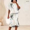 Women Plus Size Round Neck Batwing Sleeve Printed Ruffle Hem Top Fishtail Skirt Two Piece Set