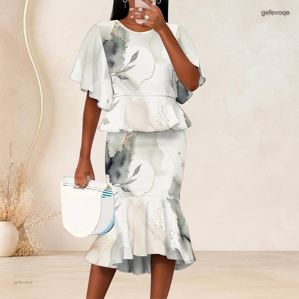 Women Plus Size Round Neck Batwing Sleeve Printed Ruffle Hem Top Fishtail Skirt Two Piece Set