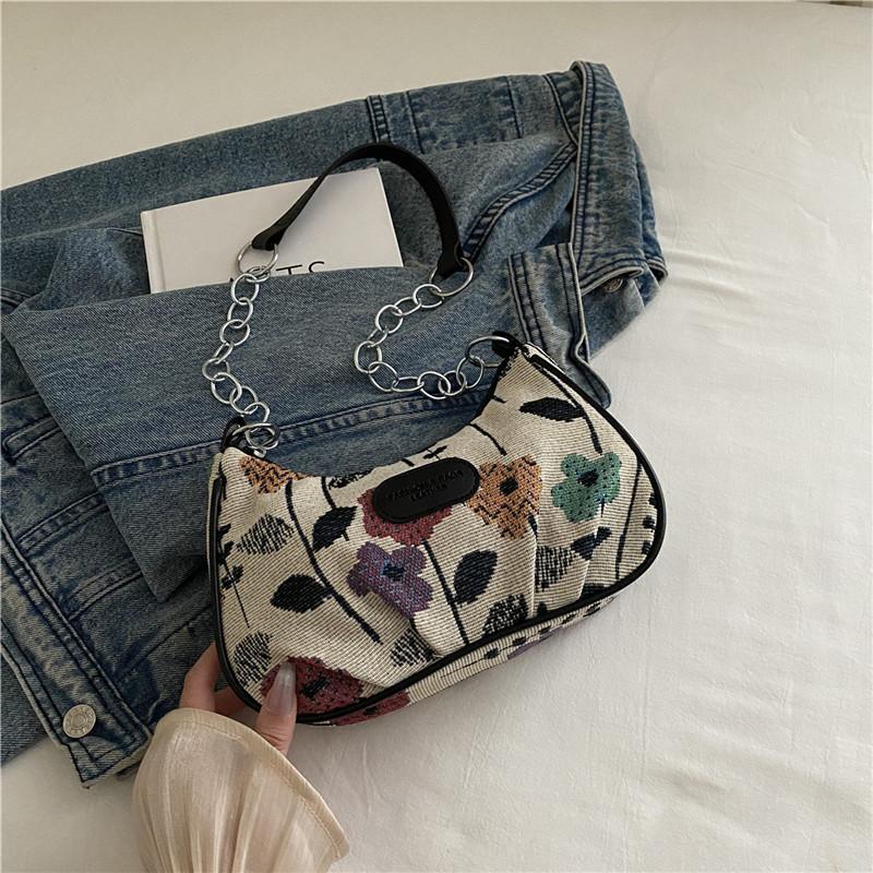 Bolsa de ombro com flor grande literária e artística de nicho feminina nova bolsa casual de axila bolsa de ombro da moda bolsa feminina de senso simples
