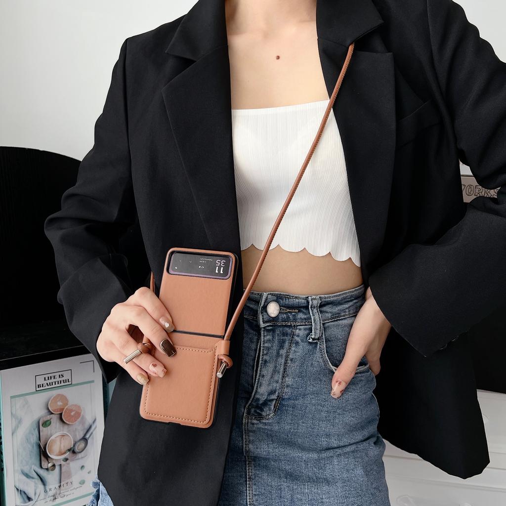 Crossbody Lanyard Card Holder Leather Case For Samsung Galaxy Z Flip 5 4 3 Flip5 Flip4 Flip3 5G Business Sholder Strap Cover
