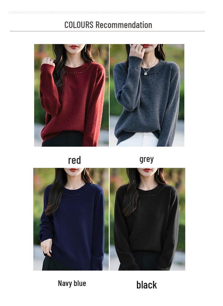 Women's Bead-Embellished Round Neck Sweater, Loose Long Sleeve Knitwear, Fashionable Autumn and Winter Pullover.