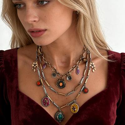 Lightweight Aluminum Iron Chain Necklace Set for Retro Floral Heart Layering No Heaviness Feel Crosses Body