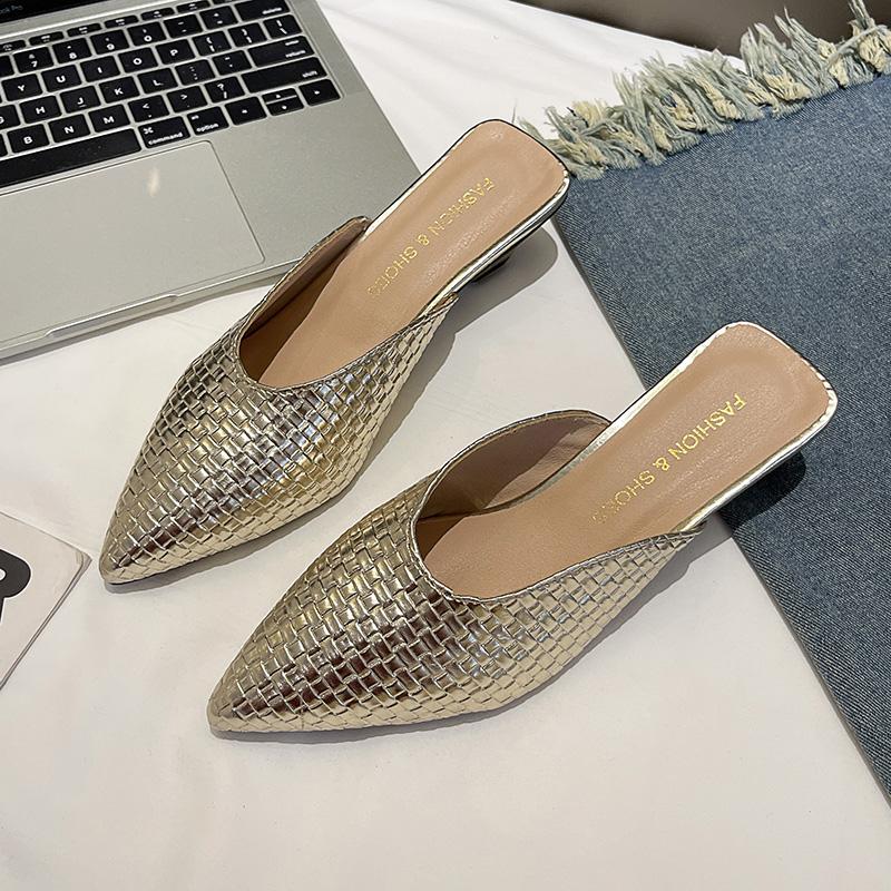 Mode Aphixta Geflochtener Stoff Mittelhohe Absätze Elegante Damen Pantoletten Gold Spitze Zehenpartie Flache Sommerkleid Pantoletten Riemchenschuhe