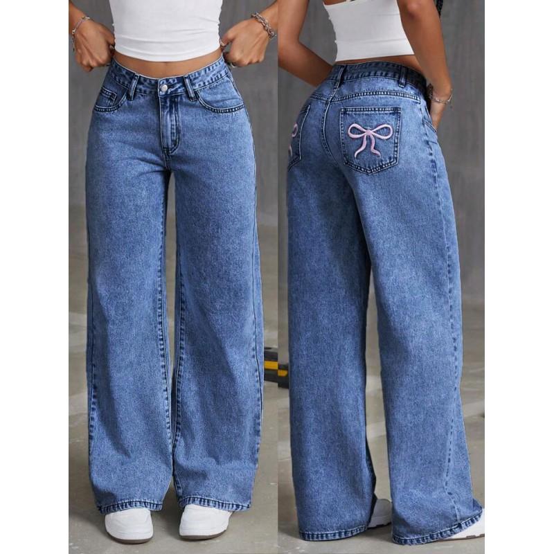 Womens High-Waisted Straight Leg Denim Jeans With Bow Embroidery Loose Fit Streetwear Style 2025