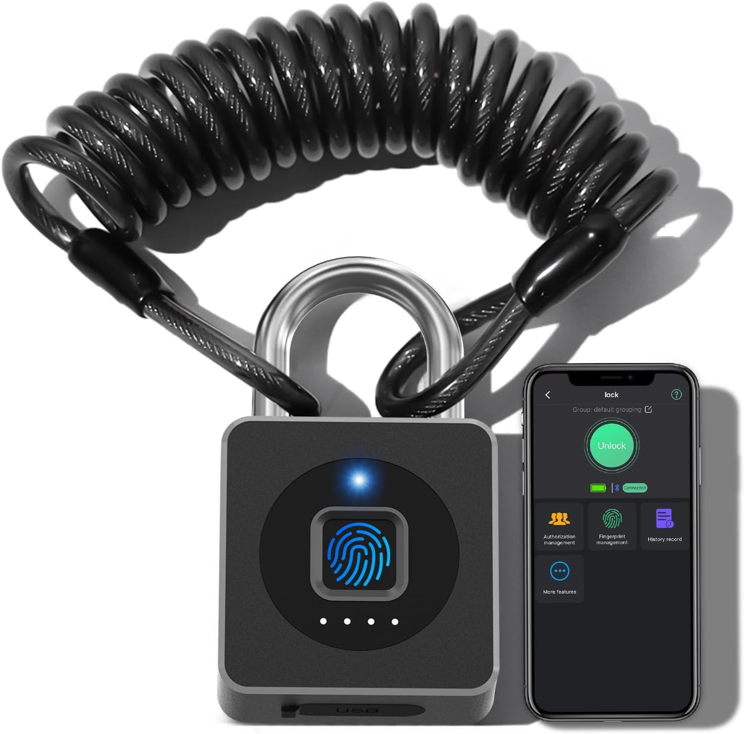 

Tohtake Smart Padlock with Wire Fingerprint Smart Smart Door Electronic USB 20 Fingerprint Low Power Security for Outdoor Cable, Authentication, Lock, чёрный