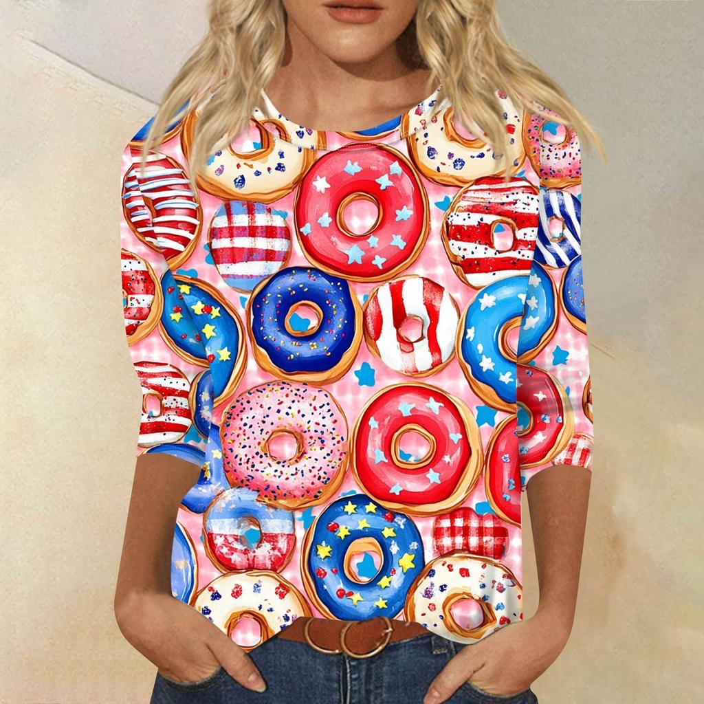 Women's Fashion Casual Round Neck 3/4 Sleeve Loose Printed T-Shirt Ladies Top