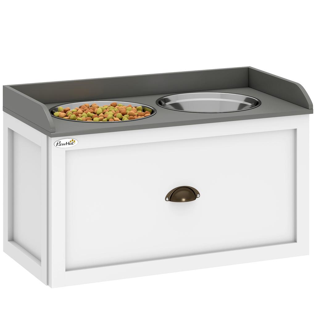 Raised Stainless Steel and Wood Dog Bowls with Drawer, 60x30x36cm, White and Grey
