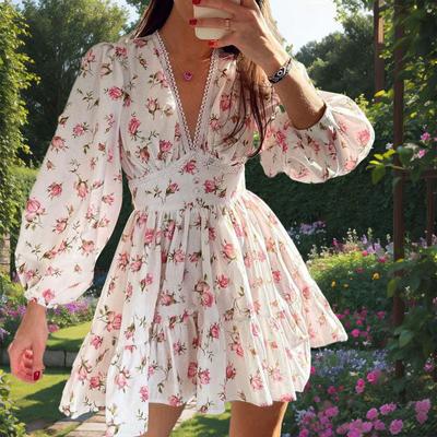 Frühling und Sommer Damen Kleid Temperament süße Druck V-Ausschnitt Spitze kurze Kleider