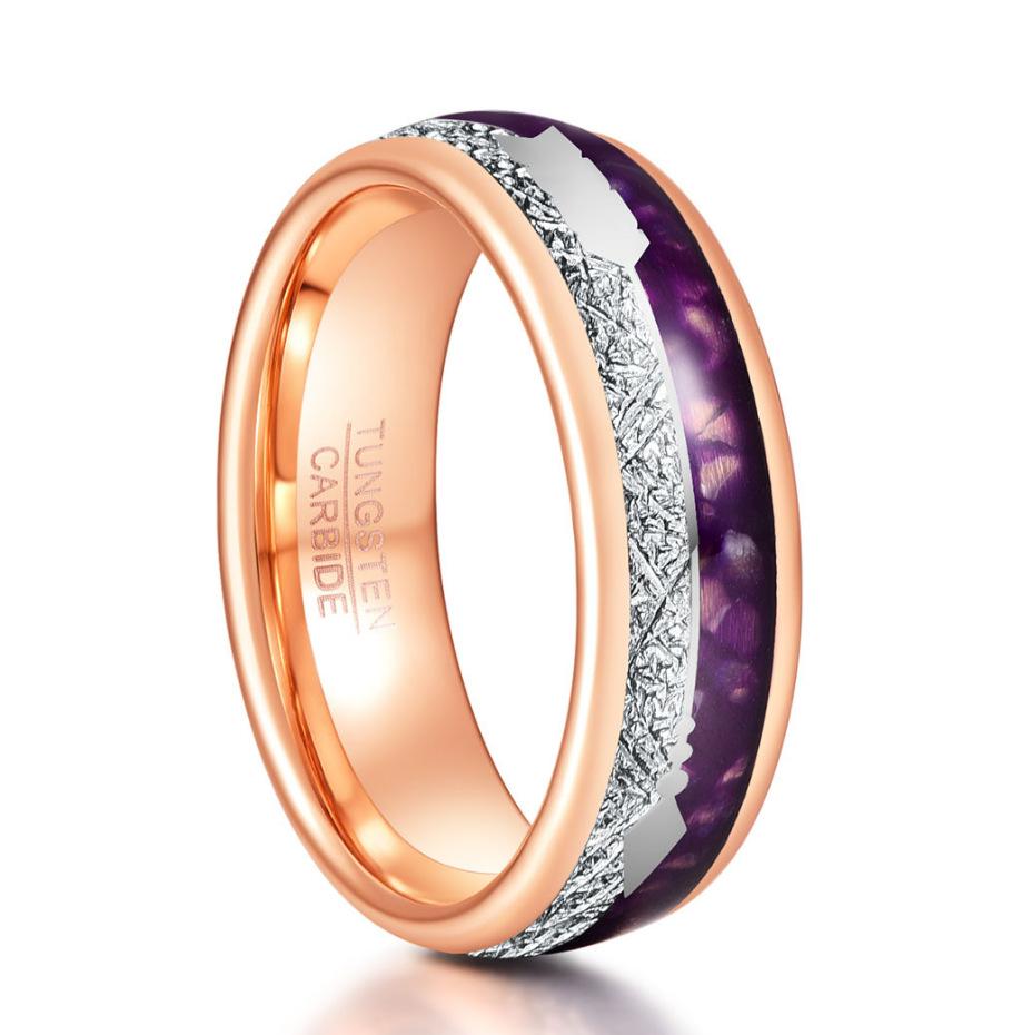 2025 Luxury 6mm/8mm Tungsten Ring with 18K Rose Gold, Meteorite, and Natural Purple Agate Inlay