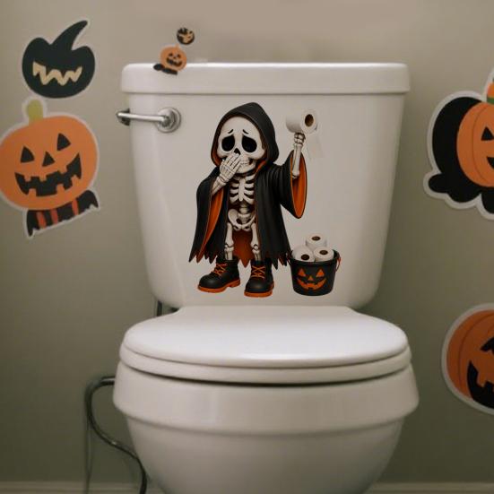 Waterproof PVC Toilet Art Halloween Skeleton Sticker, Funny Pooping Lid Decal, Dark Humor Decal Adhesive Bathroom Sticker for Tank, Holiday Home Decor