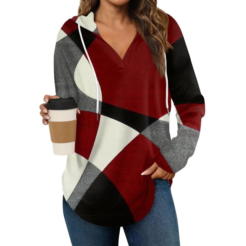 Damenmode Lässiges V-Ausschnitt Kordelzug Bedrucktes Langarm-Pullover-Oberteil