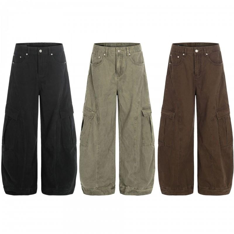Mens Relaxed Fit Cargo Pants With Multiple Pockets Washed Cotton Workwear Style Streetwear Casual Trousers