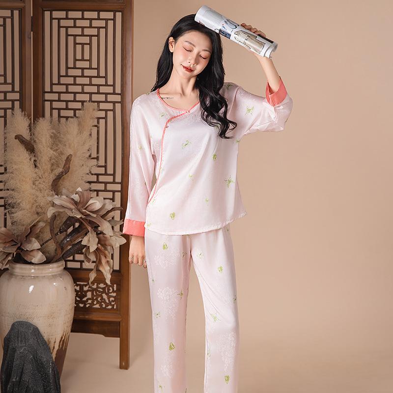 Spring and Autumn New Chinese Ice Silk Pajamas Women's Summer National Style Long Sleeve Antique Premium Silk Homewear Set