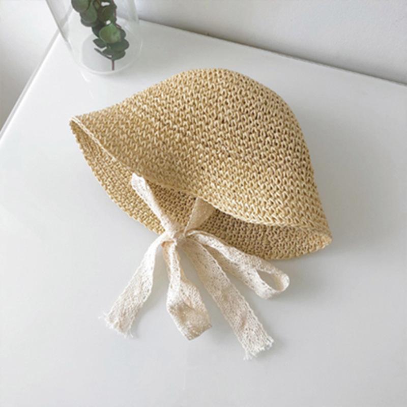 Lace strap children's hat summer boys and girls sun protection beach vacation foldable crochet straw hat