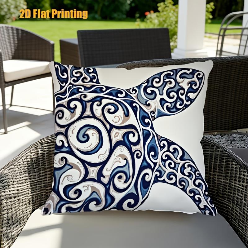 Double Sided Marine Blue And White Sea Turtle Print Throw Pillow Cover For Indoor And Outdoor Garden Sofa Decor
