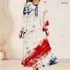 Women Plus Size Two Piece Dress Set Tie Neck Three Quarter Sleeve Firework Printed Dark Blue Long Dress