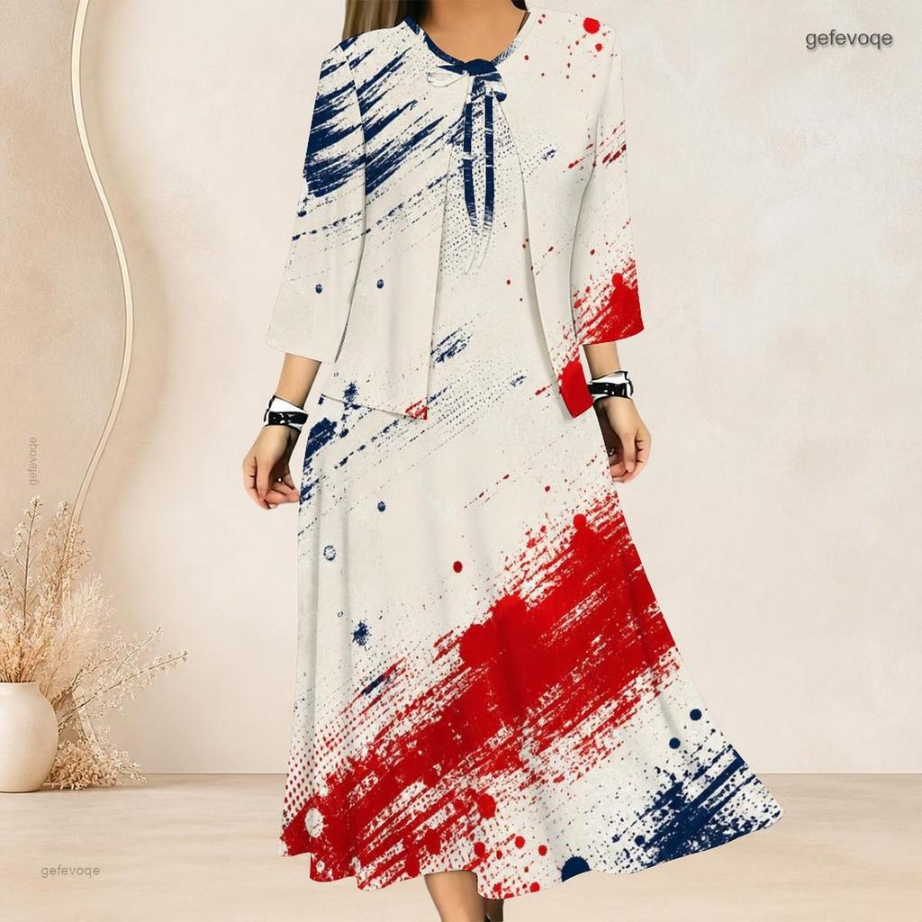Women Plus Size Two Piece Dress Set Tie Neck Three Quarter Sleeve Firework Printed Dark Blue Long Dress