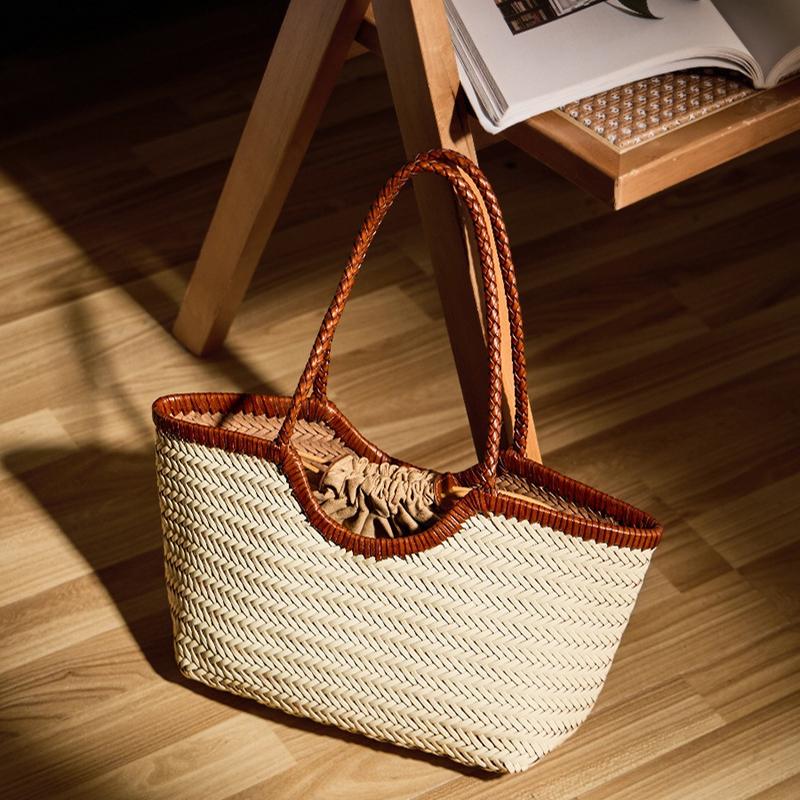 French Retro Woven Handbag With Lining Genuine Leather Handmade Woven Basket Ins Simple Style Women Shoulder Bag Underarm Bags