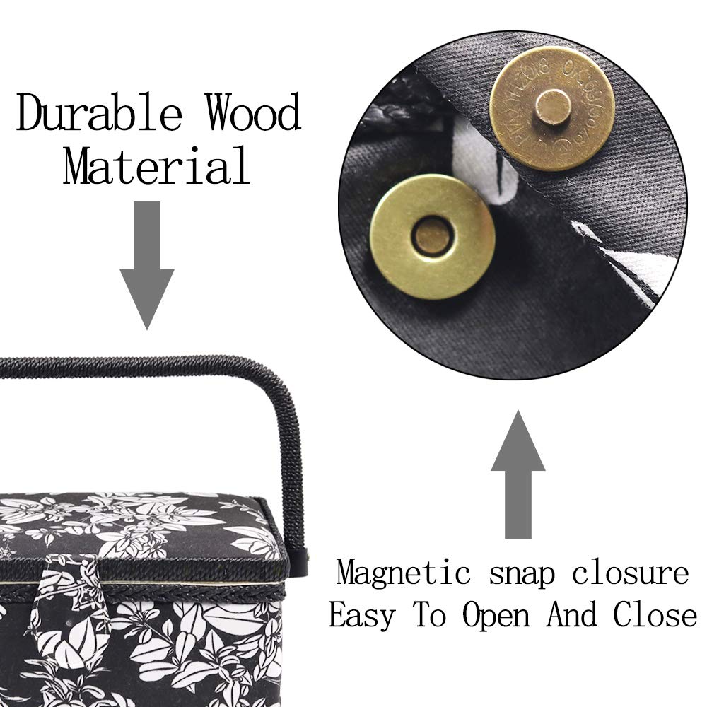 Classic Sewing Black and White Classic Floral Fabric Wooden Craft Storage Sewing Home Year D&D Box, Pattern, Box, Basket, Christmas/New Gift,