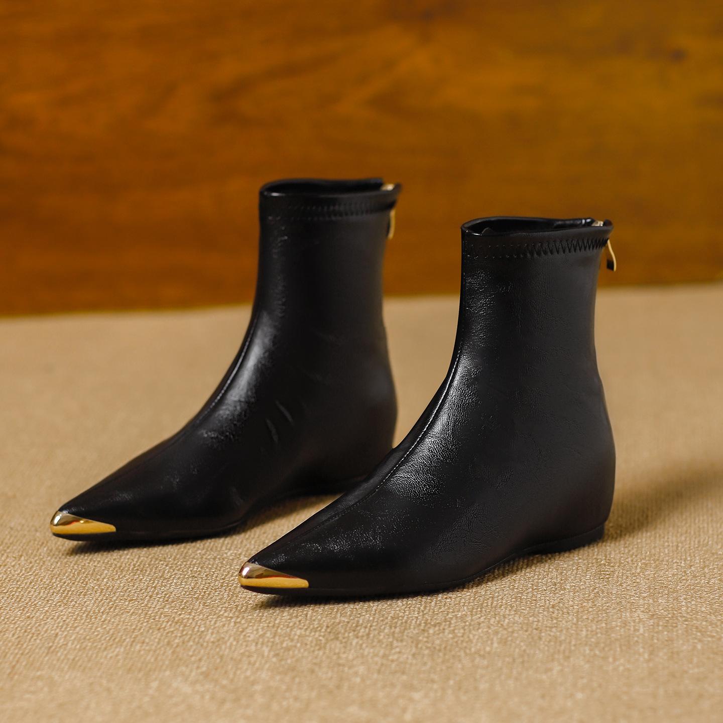 

Fashion pointed elastic thin boots 2025 autumn and winter new inner height increase versatile comfortable commuting soft leather small short boots wom 40 чорний