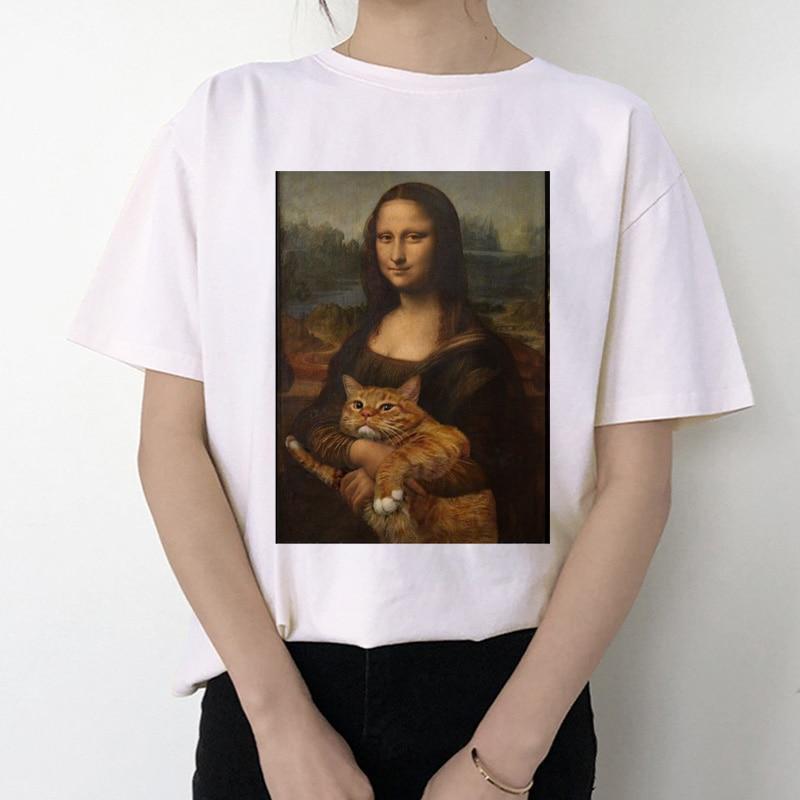 

Забавная женская футболка с изображением кота Микеланджело, корейская футболка Kawaii Ulzzang, женская графическая футболка с коротким рукавом и принтом