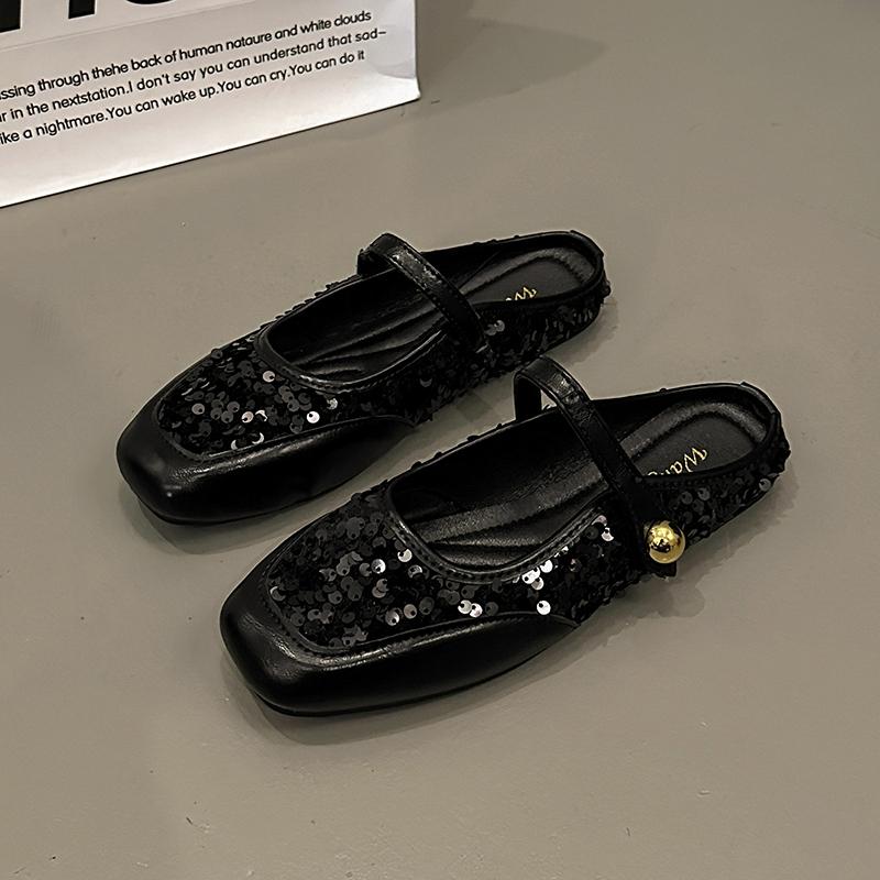 Spring New Style Flat Shoes Women's Square Head Shallow Mouth Glitter Set Foot Soft Sole Anti-slip Wear-resistant Slippers